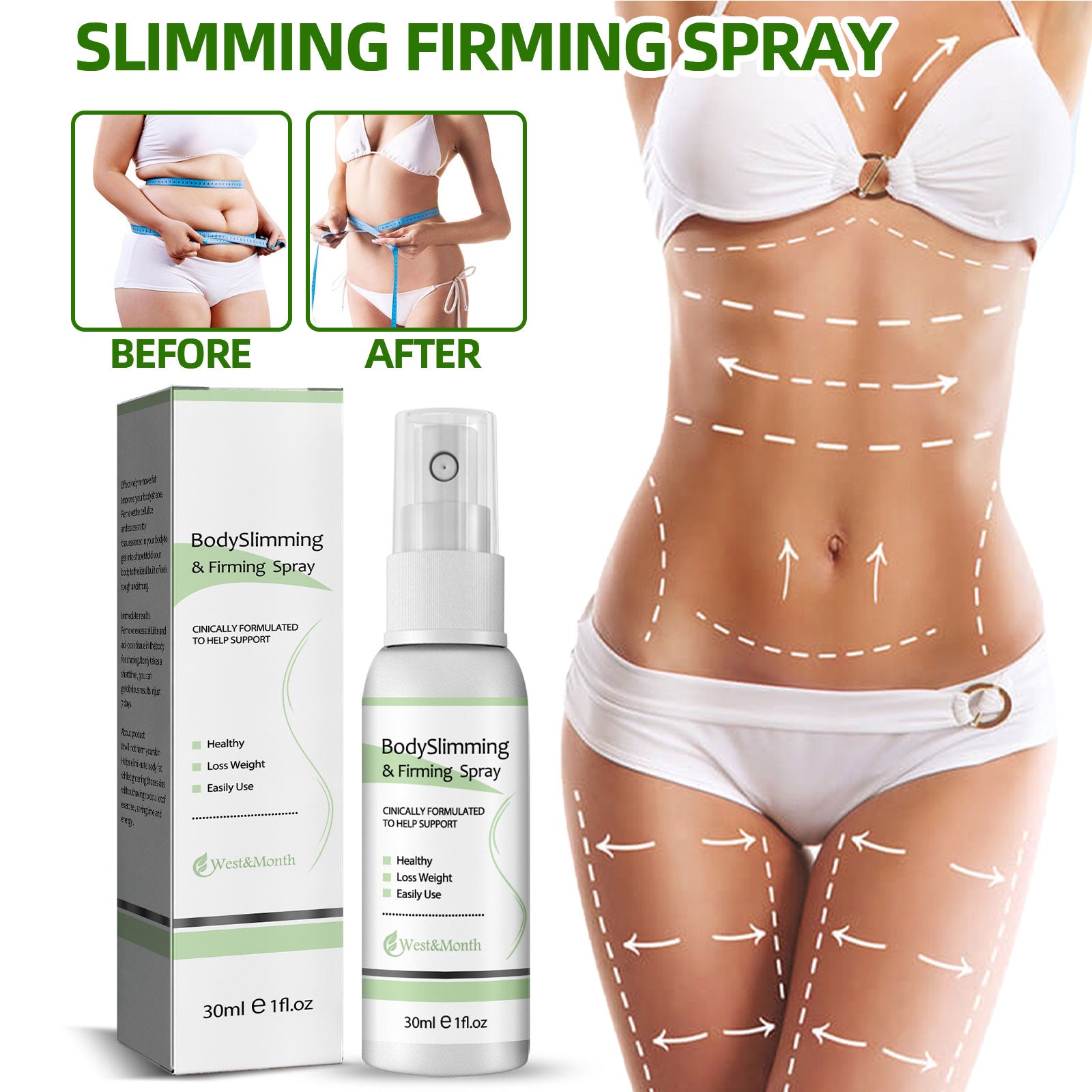 West&Month Body Slimming & Firming Spray, Slimming Body Firming Tummy And Arms Light Body And Body Massage Lotion