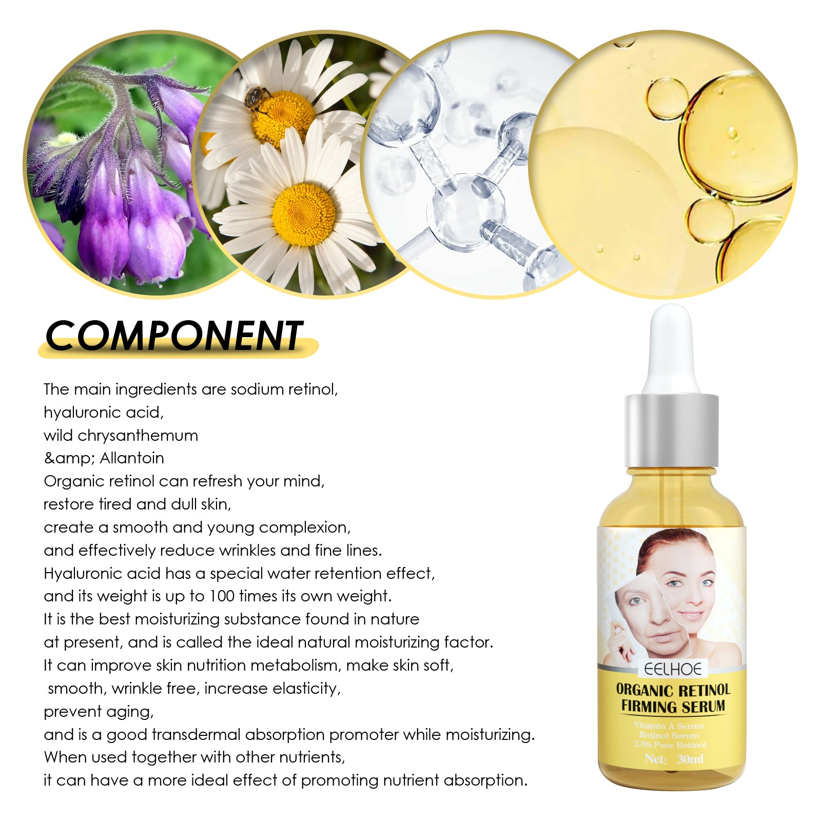 EELHOE Retinol Firming Serum, Face Lift Firming Skin Hydrating Reduce Fine Lines Essence