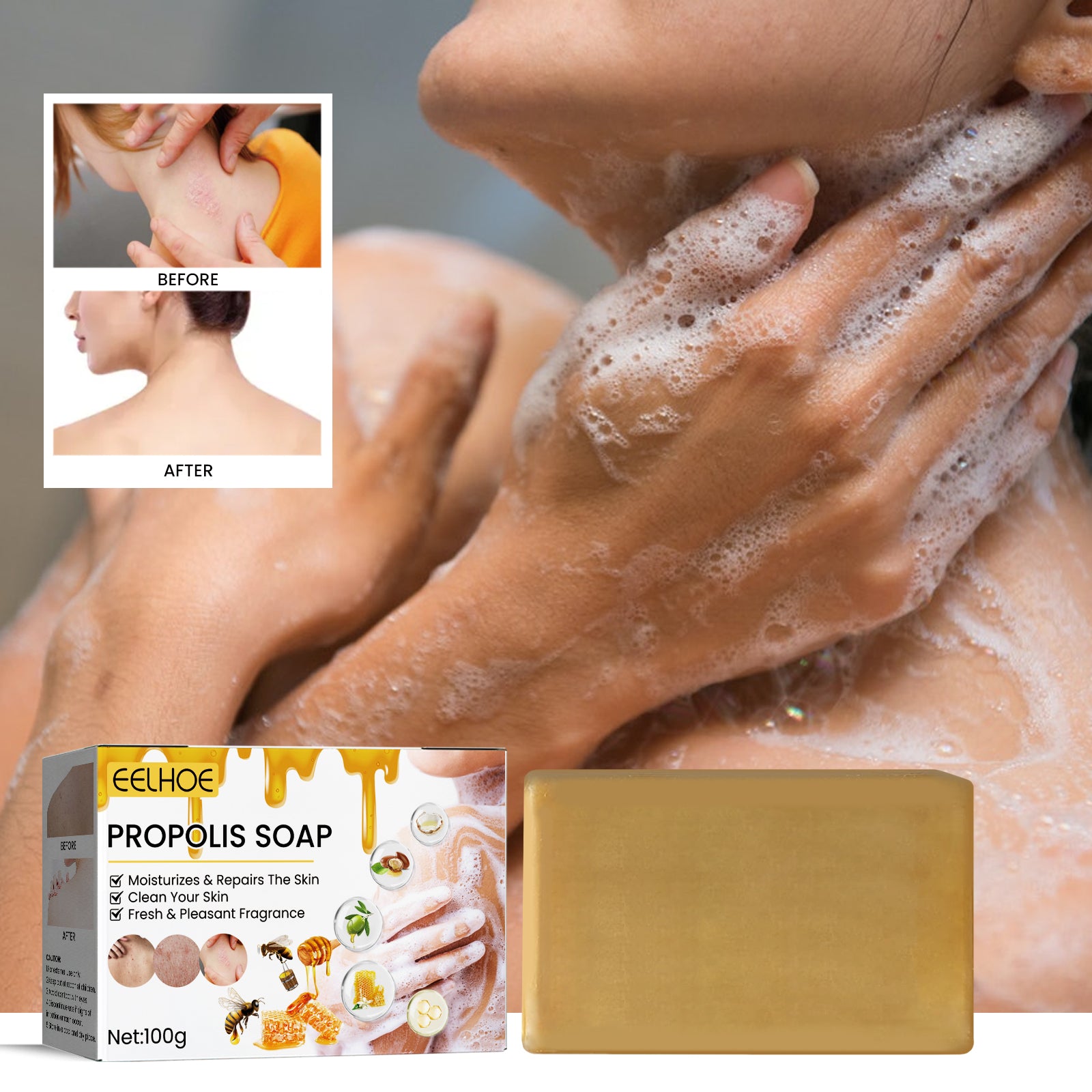 EELHOE Propolis Soap, Deep Cleansing Body Skin Lighten Pimples Tender Smooth Skin Propolis Bath Soap